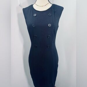 Le Chateau Women's Button Detail Black Sleeveless Sheath Dress Round Neck M